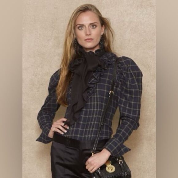 Ralph Lauren Navy Blue Multi Brushed Cotton Check Plaid Ruffle Pleat Blouse - Picture 9 of 16